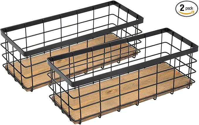 Unique TIEYIPIN Farmhouse Small Metal Wire Storage Basket Bin Rustic Home Storage Organizer with Wooden Bottom for Kitchen Cabinets Bathroom Counter Pantry Garage Laundry Room – Black 2 Pack About ThisOverview Contemporary