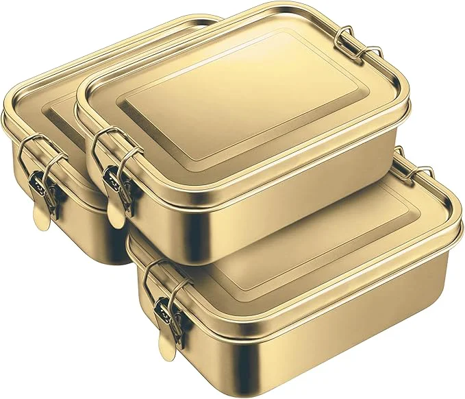 Trusted 3-Pack 850ml 28.7 oz Stainless Steel Gold Color Bento Lunch Box Containers with Lids – Waterproof Metal Food Storage – Snack Prep Trays and Tiffin CarriersAbout ThisOverview User-Friendly