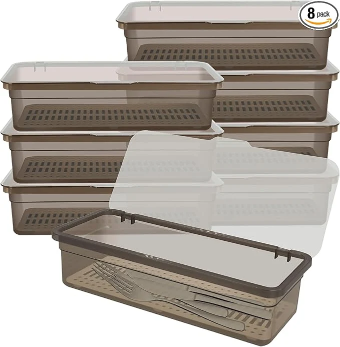 Optimized 8 Pcs Flatware Tray with Lid Large Plastic Drainer Silverware Utensil Clear Drawer Organizer Cutlery Storage Container Box Dinnerware Holder with Cover for Home Kitchen TravelAbout ThisOverview Lightweight