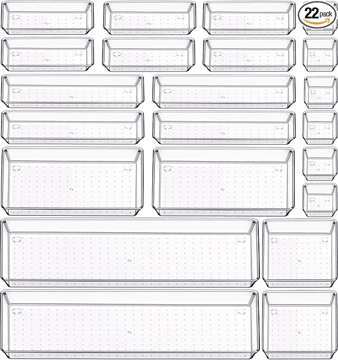 Environmentally Friendly Criusia 22 Pcs Drawer Organizer Bins Acrylic Non Slip Kitchen Drawer Organizers Storage Tray Divider Multifunctional Storage for Cosmetics Bathroom Tools Kitchen and OfficeAbout ThisOverview High-Grade