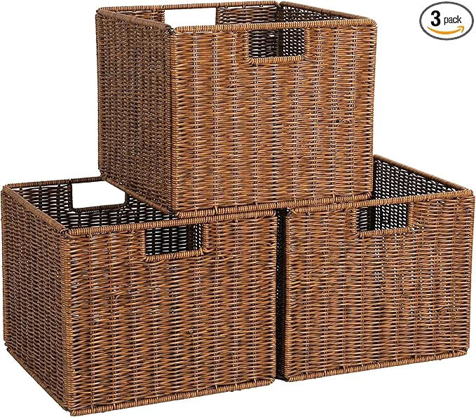 Premium Material Wicker Storage Basket – Large 12x12x10in Cube Woven Wicker for Shelves Pantry Kitchen Bathroom Organization Brown About ThisOverview Clean