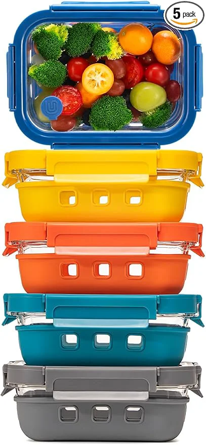 Premium Material GENICOOK 2.7 CUP Glass Food Storage Containers with Glass Lids 5 Pack-Aitight Meal Prep Container Set with Silicone Sleeve BPA- Dishwasher Microwave and zer SafeAbout ThisOverview Refined