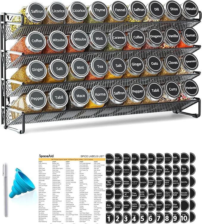 Verified SpaceAid Spice Rack Organizer with 36 Spice Jars 386 Spice Labels Chalk Marker and Funnel Set for Cabinet Countertop Pantry Cupboard or Door Wall Mount – 36 Jars 17.2 W × 10.8 H BlackAbout ThisOverview Specialty
