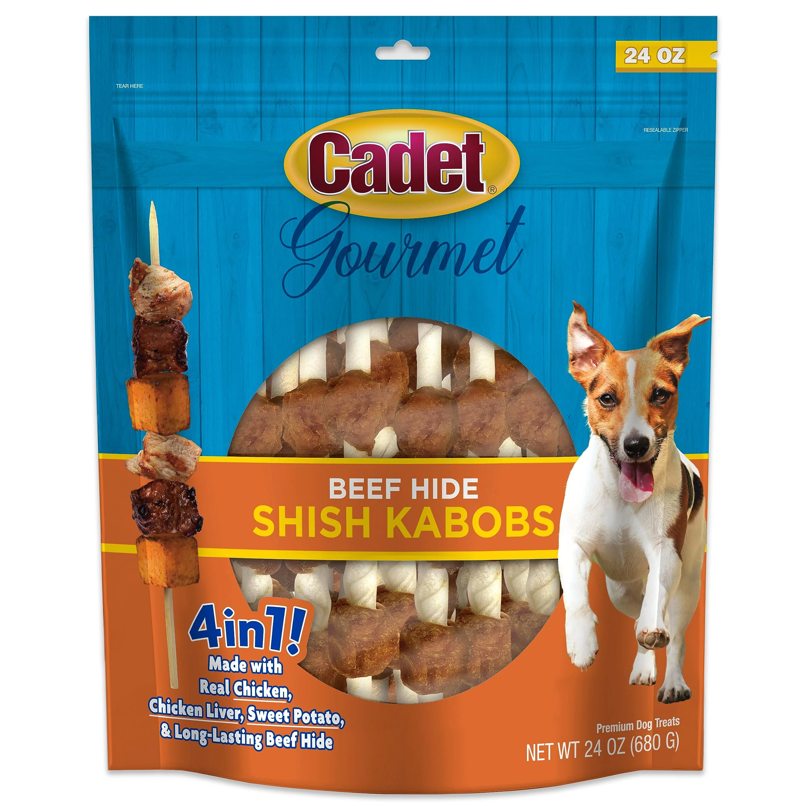 Enhanced Cadet Gourmet Shish Kabob Dog Chews for Small Dogs – Natural Beef Hide with Chicken Duck Sweet Potato 5-Inch 24 oz Versatile