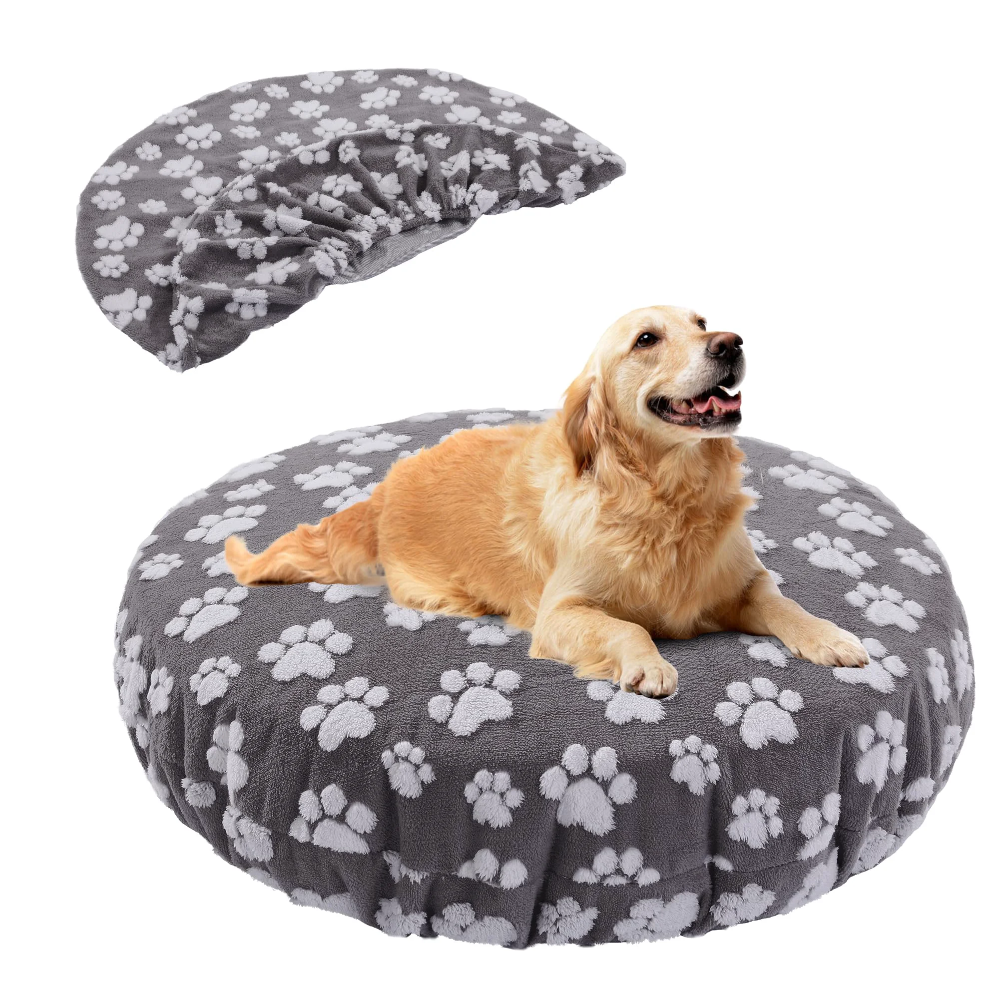 Fine Crafted BALAPET Washable Round Dog Bed Cover – Waterproof Paw-Print Double-Sided 45x45x11in Trusted