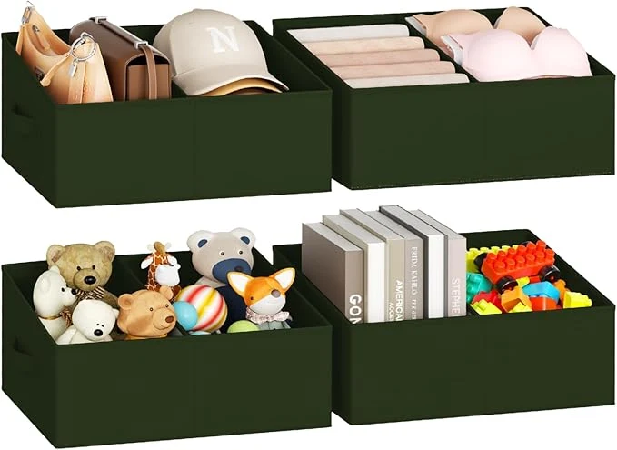 Classic DIMJ Large Closet Shelf Organizer Bins 4 Packs with Handles and Divider Fabric Trapezoid Storage Baskets Foldable Clothes Containers Box for Shelf Towel Book Toy Purse Hats GreenAbout ThisOverview Crafted