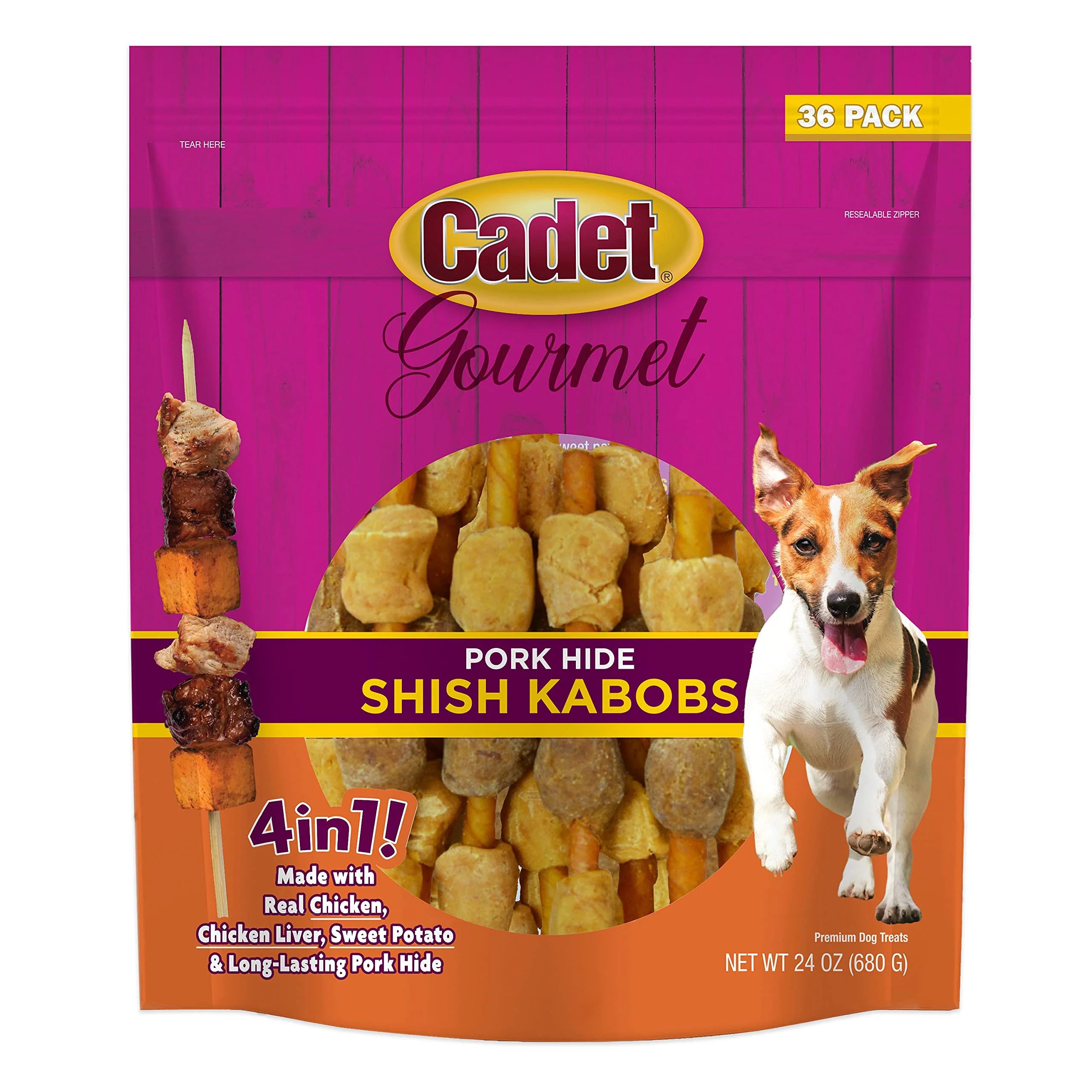 Lightweight Cadet Gourmet Shish Kabob Dog Chews for Small Dogs — Chicken Chicken Liver Sweet Potato Wrapped in Pork Hide 5-Inch Sticks 24 oz Versatile