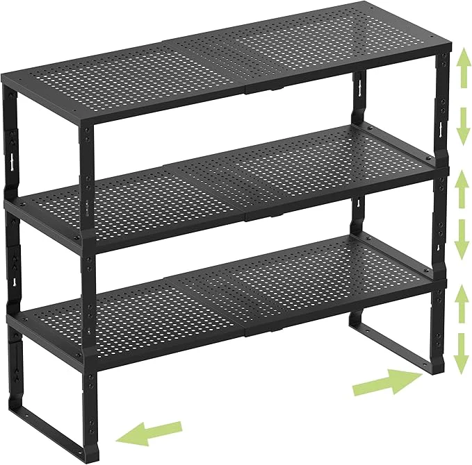 Official Heavy-Duty Adjustable Metal Shelf Organizer – Expandable Stackable Pantry Storage Rack for Kitchen Bathroom RV Cabinets 3 Packs Black Medium About ThisOverview Natural