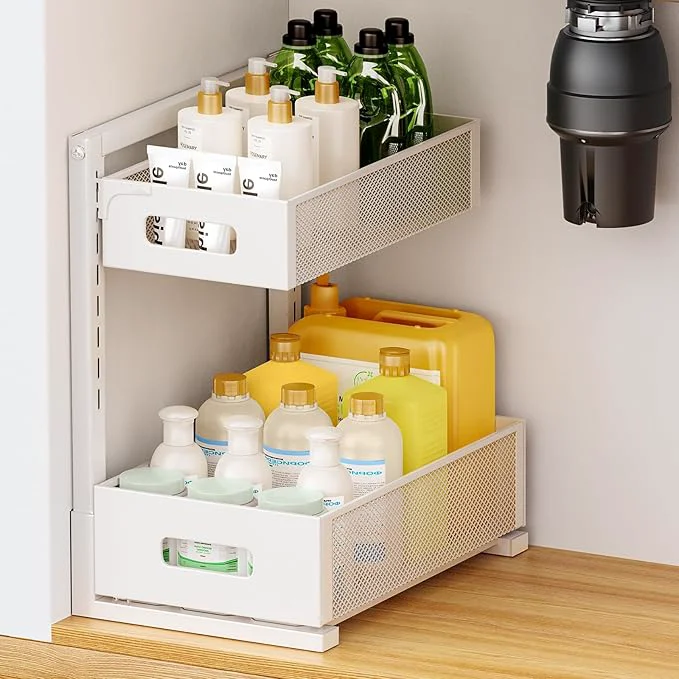 Trendy Under Sink Organizer 2 Tier Adjustable Height Under Sink Organizers and Storage Smooth Silent Sliding Out Metal Drawer for Kitchen Bathroom Pantry Cabinet Closet White 1 Pack About This User-Friendly