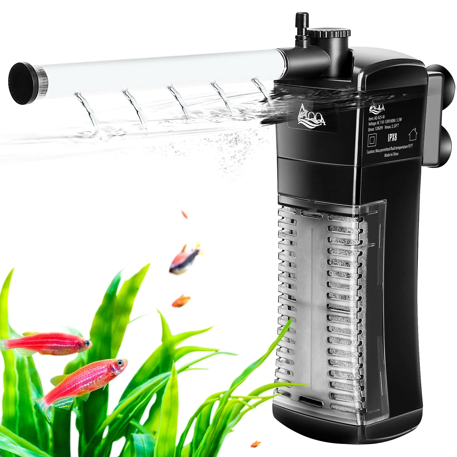 Breathable AQQA Aquarium Internal Filter Submersible — Ultra-Silent Adjustable Flow 3-Stage Filtration for Crystal-Clear Tank Water World-Class
