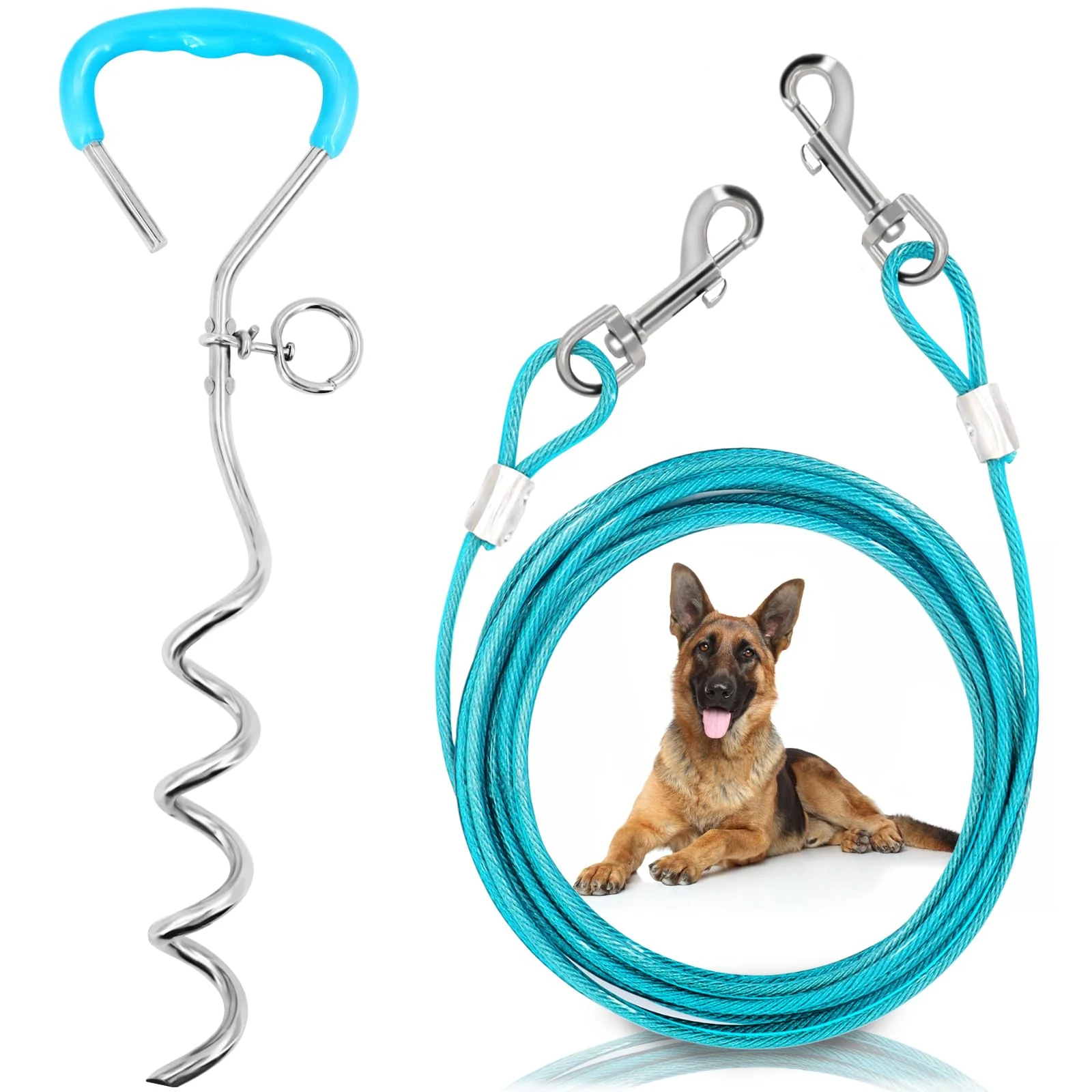Versatile Supet Dog Tie Out Cable and Stake — 32 16 10 ft 16-inch Stake for Medium to Large Dogs Up to 125 lbs Durable