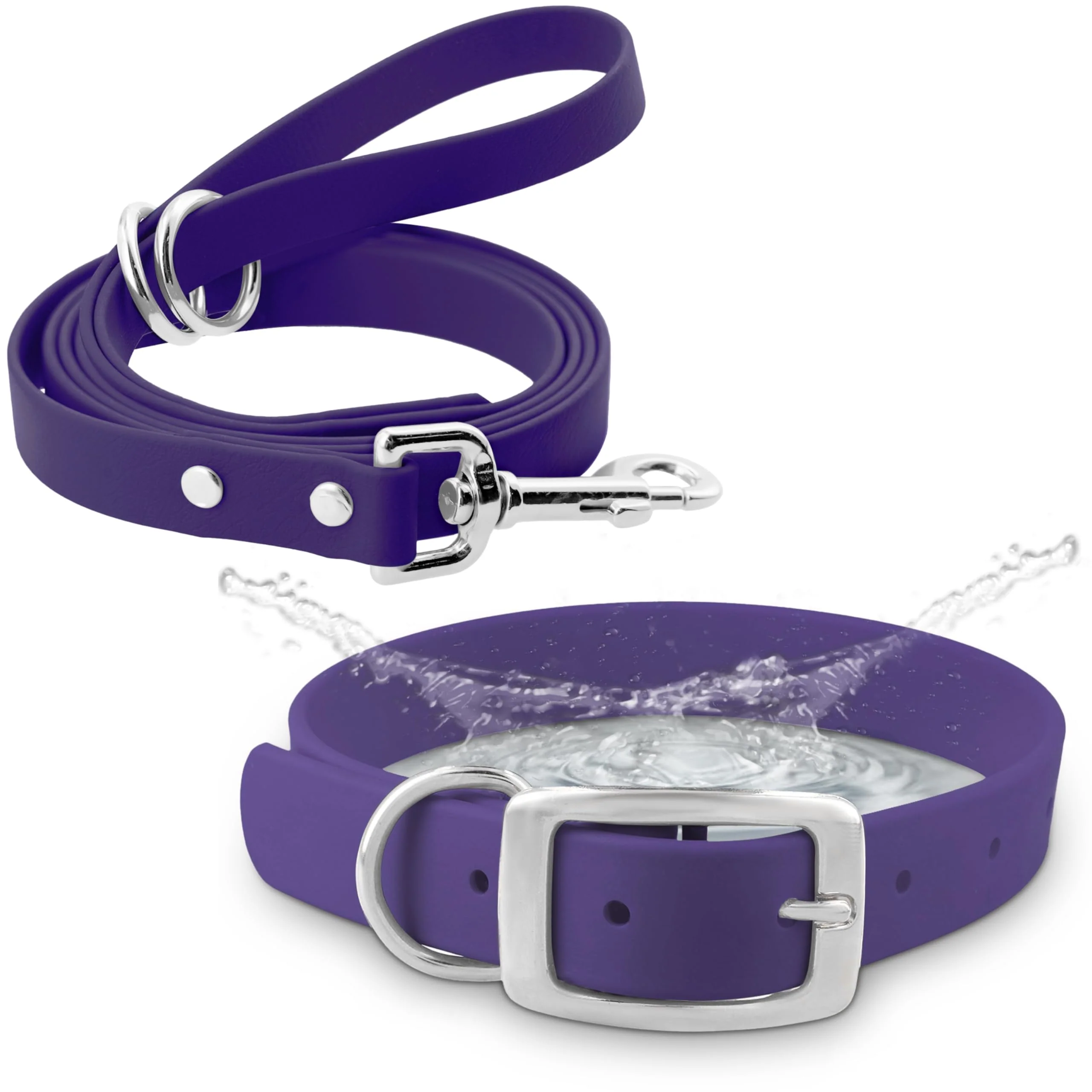 Classic Regal Dog Products Purple Waterproof Collar Leash Set – Adjustable Biothane Double Buckle Original