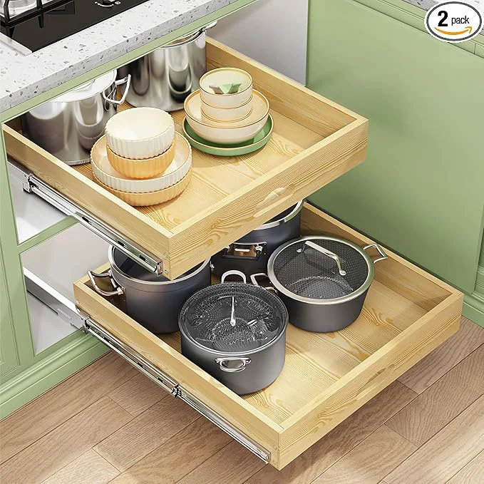 Official 2Pack Pull Out Cabinet Organizer Soft Close Wooden Slide Out Drawers for Pots Full-extension Roll Out Shelves for Kitchen Cabinets Pantry Organization Bottom and Side Mount 15 W X 21 D x 3.4”H About ThisOverview Exceptional