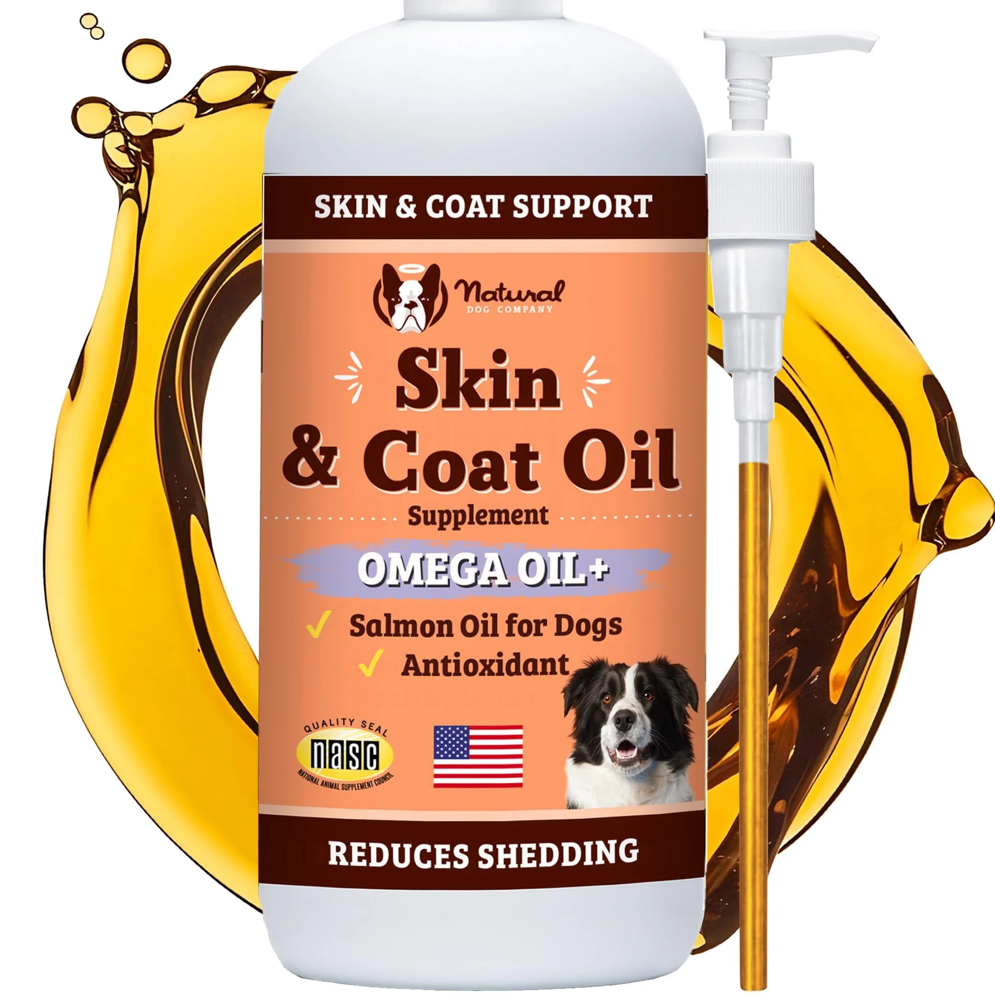 High-End Natural Dog Company Skin Coat Oil 16 oz – Fish Oil for Dogs with Pump Omega 3 6 Soft Coat Modern