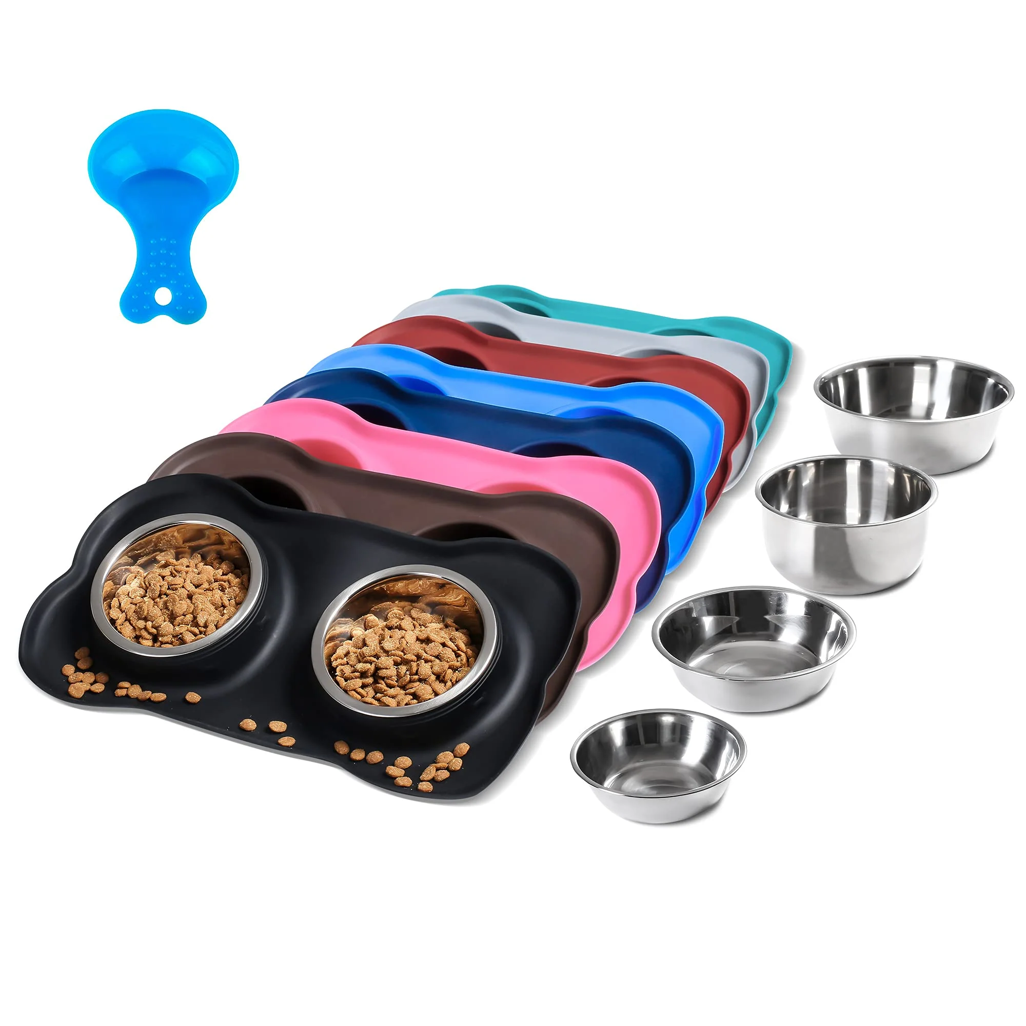 Artisan Hubulk Pet Dog Bowls – 2 Stainless Steel Bowls with No-Spill Silicone Mat Scoop M Black Green
