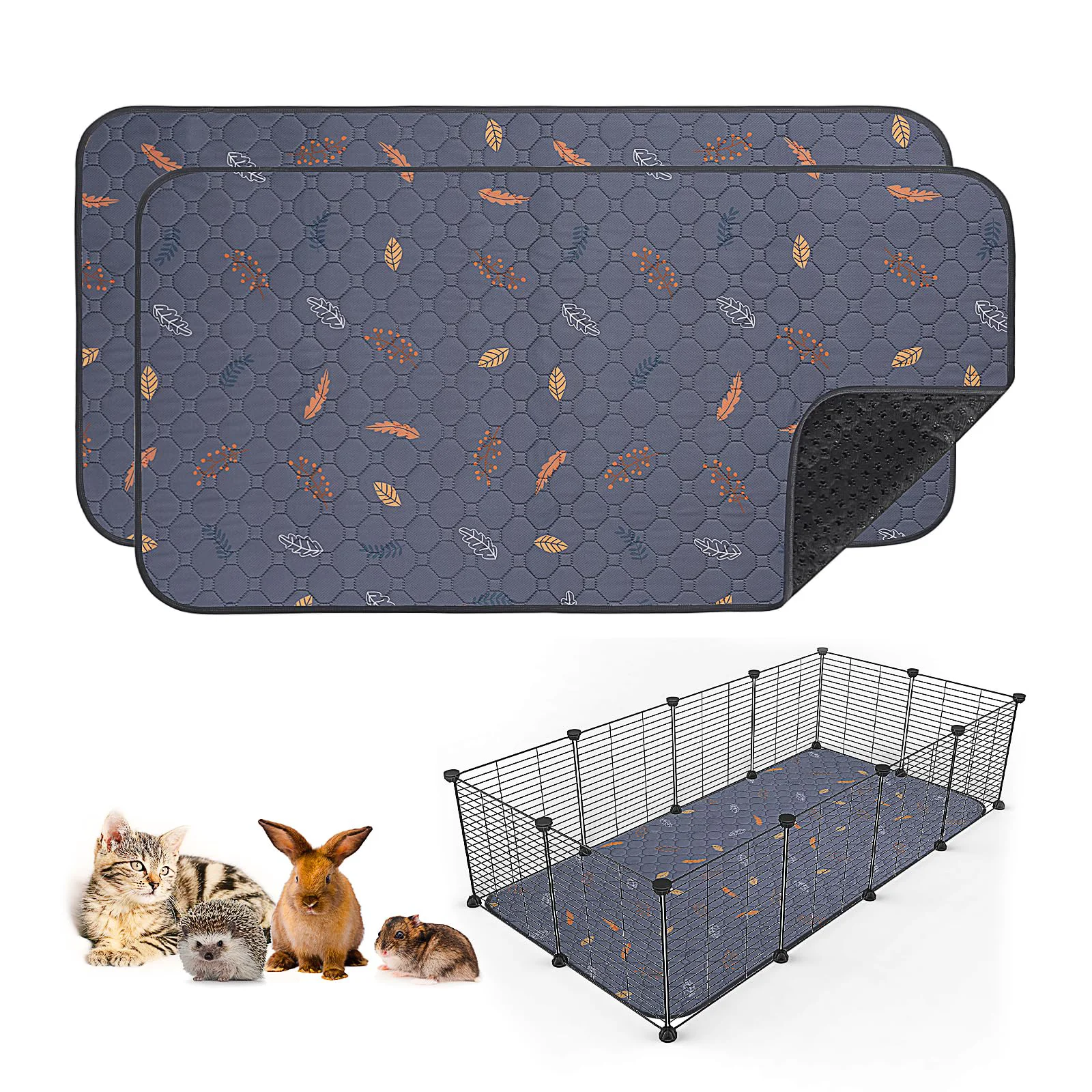 Certified Sunheir 2 Pack Washable Guinea Pig Pee Pads – 24×48 Inches Leaves Deep Grey Cage Liners Traditional