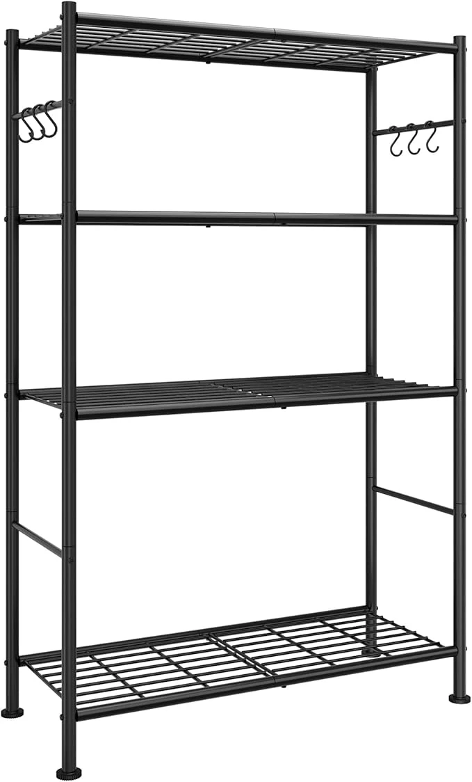 Stylish Storage Shelves – 4-Tier Spacious Shelf Organizer with Hooks Leveling Feet Easy to Assemble Rust-Resistant Garage Shelving for Kitchen Pantry Bedroom 33.2 x 12.7 x 57.3 BlackAbout ThisOverview Reusable