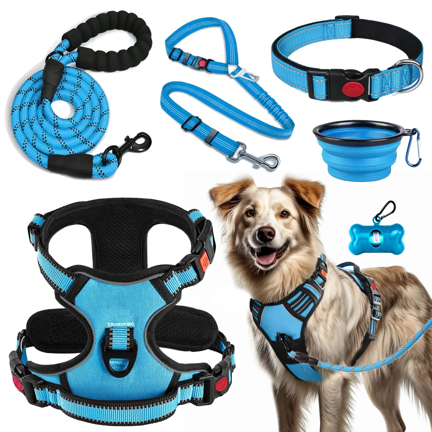 Consistent LOBEVE No Pull Dog Harness Collar Leash Set – Travel Kit with Seat Belt Bowls Dispenser Blue-XL Durable