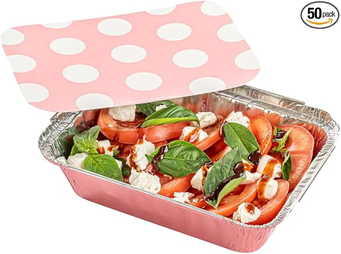 Classic Restaurantware-16 Ounce Disposable Takeout Containers 50 Rectangle Food Containers – With Polka Dot Lids Pink Takeaway Containers Aluminum Delivery Containers zableAbout ThisOverview Original Design