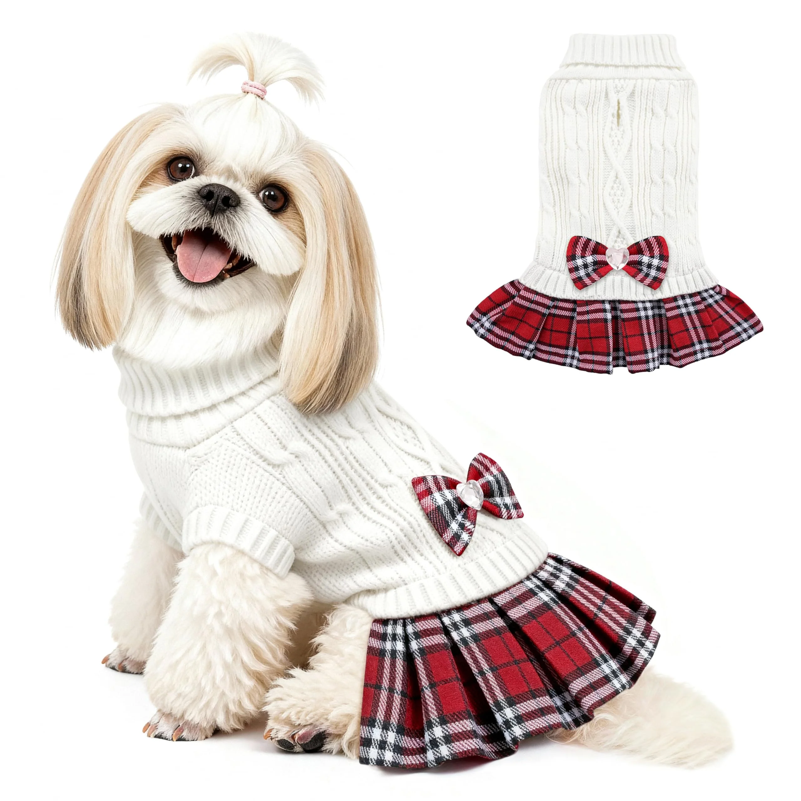 Quality YUDODO Small Dog Sweater Dress with Bowtie Turtleneck – Knit Winter Coat for Yorkies Chihuahuas Size S White Advanced