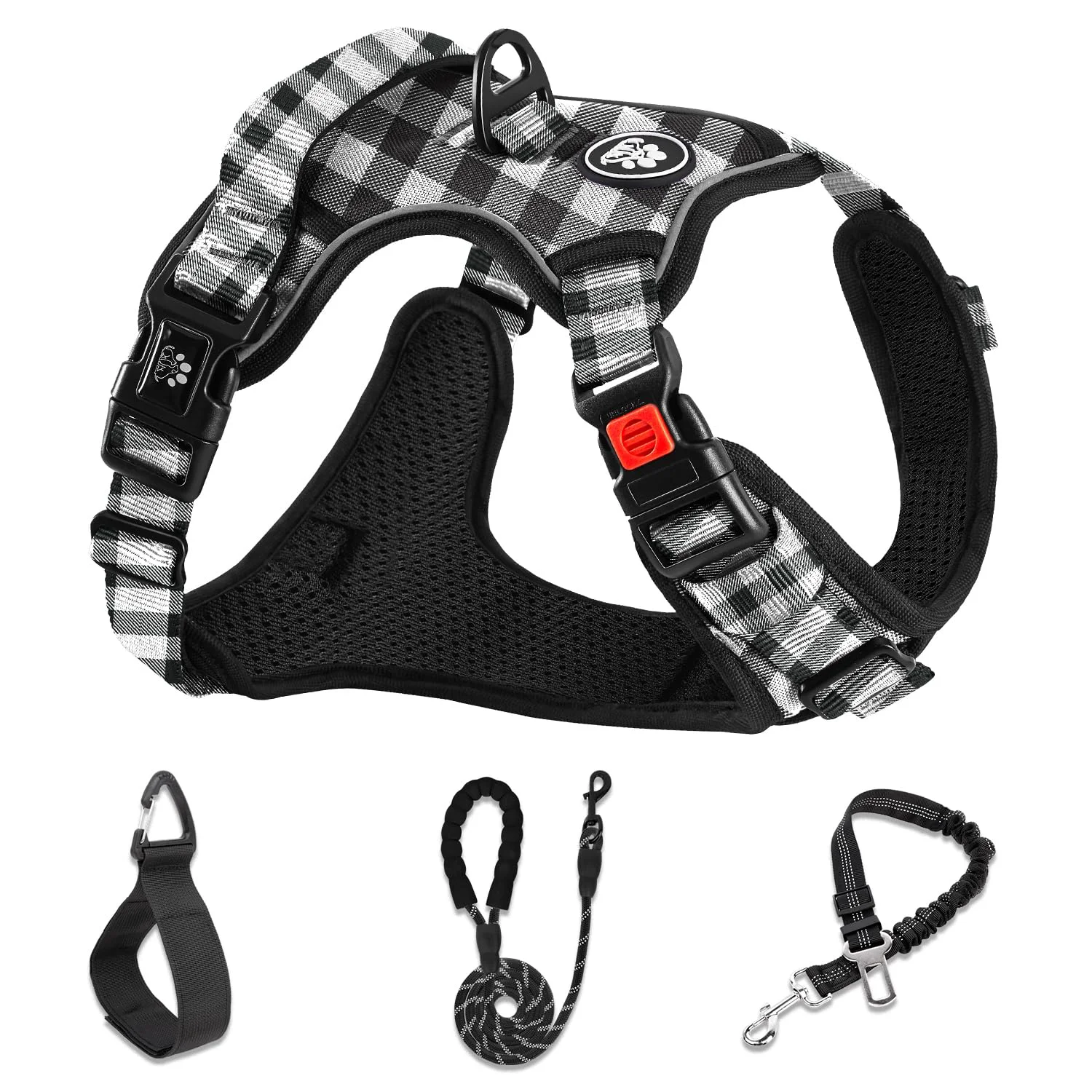 Detailed NESTROAD Dog Harness Checkered Black Size S with Leash — Reflective Adjustable Front Rear Clip Natural