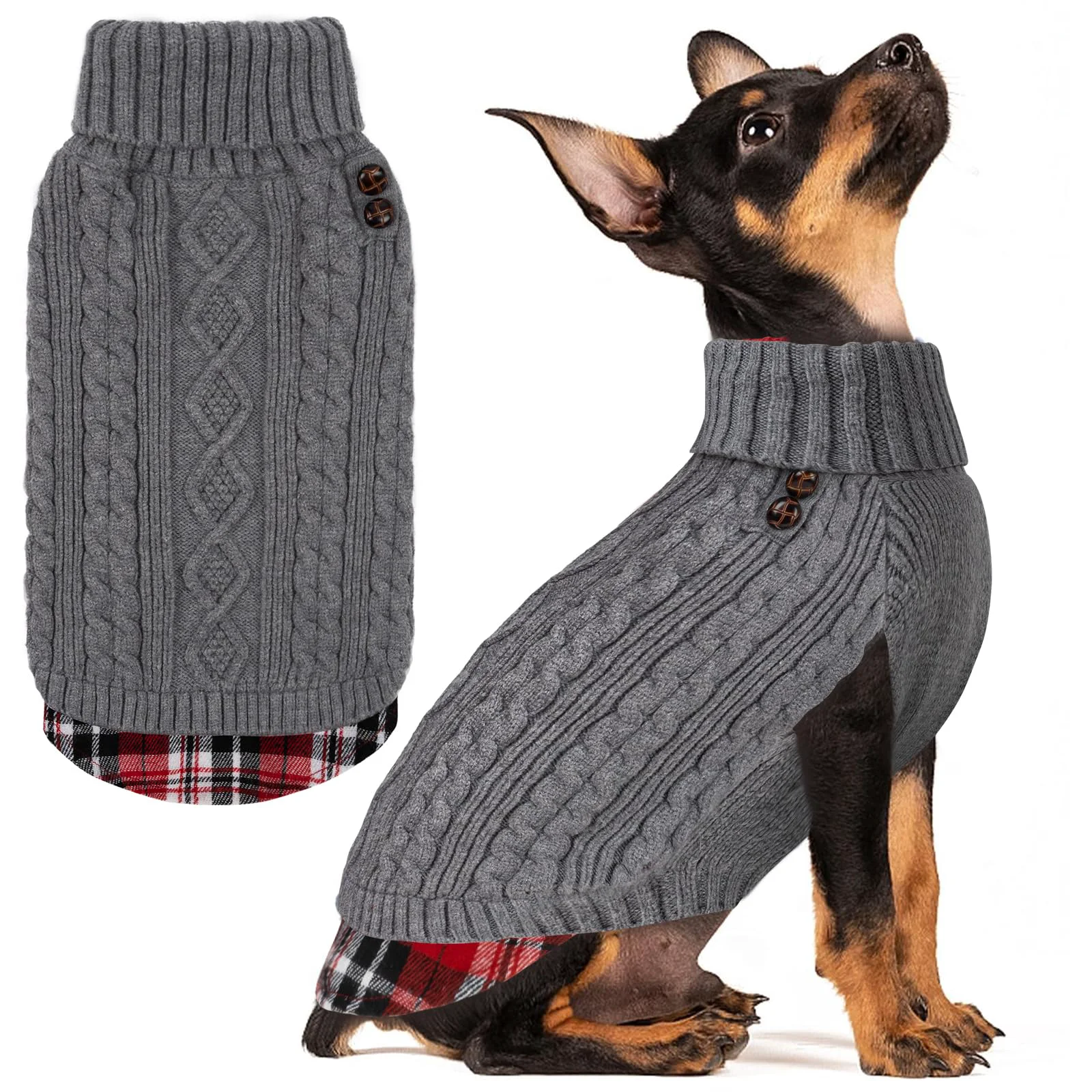 World-Class KYEESE Small Dog Sweater Soft Knit Pullover with Gingham Patchwork Warm Turtleneck Trendy