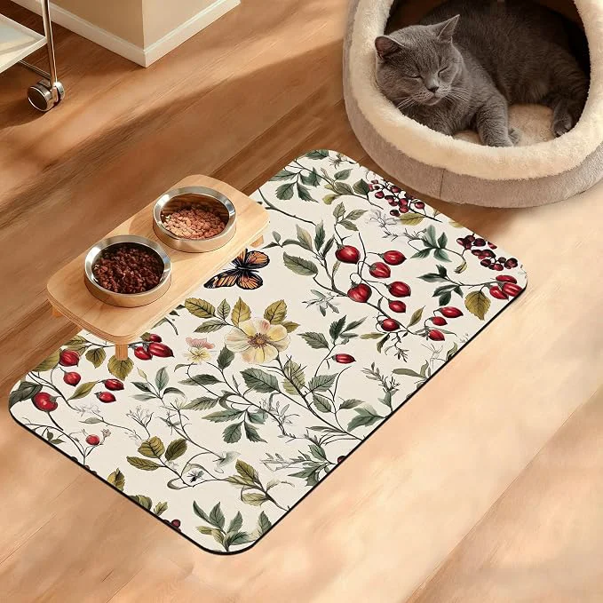 Authentic Butterfly Flower Dog Food Mat Vintage Berry Absorbent Pet Feeding Mat Traditional