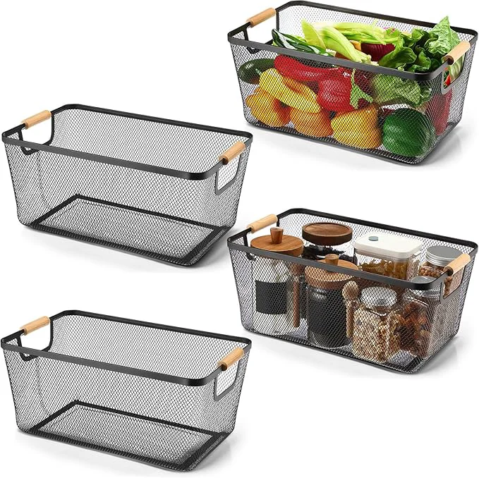 Organic 4 Pcs Metal Wire Basket with Wooden Handles Mesh Steel Storage Organizer Bin Containers for Home Cabinet Pantry Closet Kitchen Fridge Fruit Makeup Snacks Gifts Extra Large Black About ThisOverview Fine Crafted