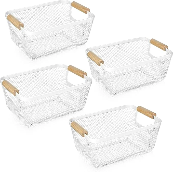 Fashionable 4 Pcs Metal Wire Basket with Wooden Handles Mesh Steel Storage Organizer Bin Containers for Home Organizing Cabinet Pantry Closet Kitchen Fridge Fruit Makeup Snacks Gifts Small Cream White About ThisOverview Trendy