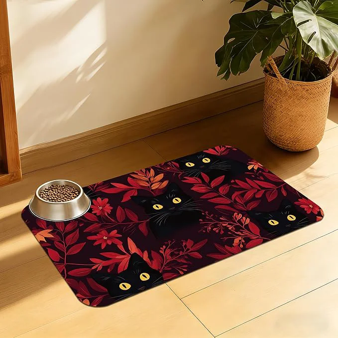 Soft Black Cat Forest Pet Feeding Mat Fast-Dry Absorbent Dog and Cat Bowl Mat Prestigious