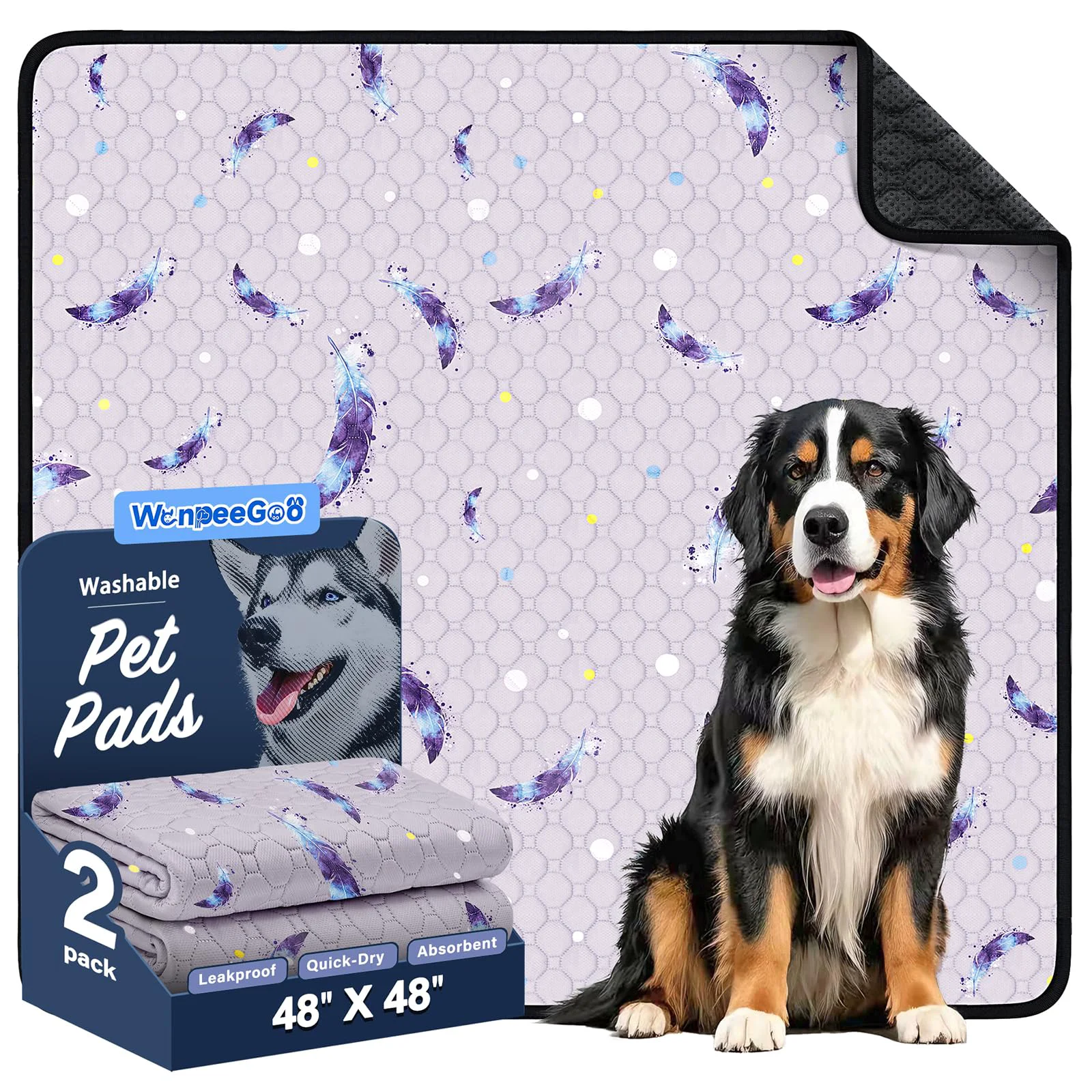 Healthy WanpeeGoo Washable Dog Pee Pads – 2-Pack 48×48 Feather Pattern Reusable Leakproof Anti-Slip Smooth