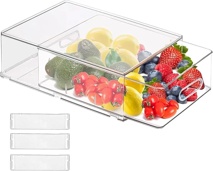 Reusable bealy Stackable Clear Storage Drawer with 3 Dividers for Pantry Shelf Fridge Organizer for Fruit Food Vegetable Pantry Containers Organization BPA 6.34QTAbout ThisOverview Efficient