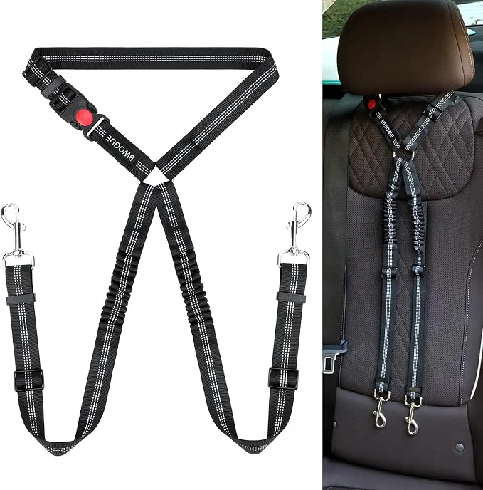 Soft BWOGUE Double Dog Cat Seat Belts Car Headrest Restraint Adjustable Travel Leash Eco-Friendly