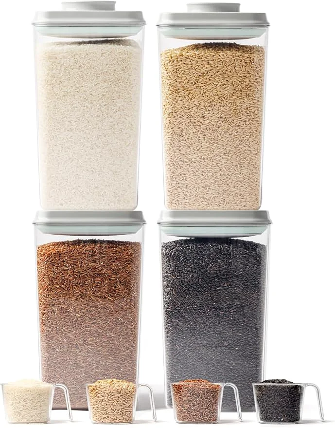 Smart 4 Pack Airtight Food Storage Containers with One-Hand Pop Lid 4.23Qt Rice Grain Organizer Set with Measuring Scoop Stackable BPA- Kitchen Pantry Bins for Flour Rice Ce Pet FoodAbout ThisOverview Lightweight