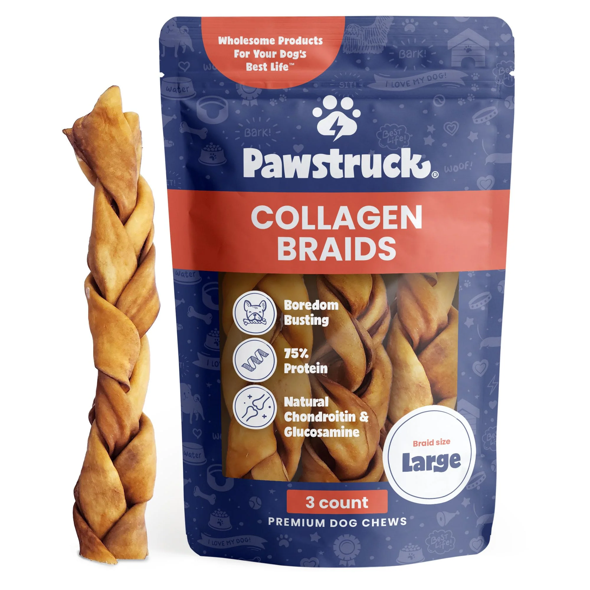 Unique Pawstruck Natural Large 10-13-Inch Beef Collagen Braids for Dogs – 3 Pack Optimized