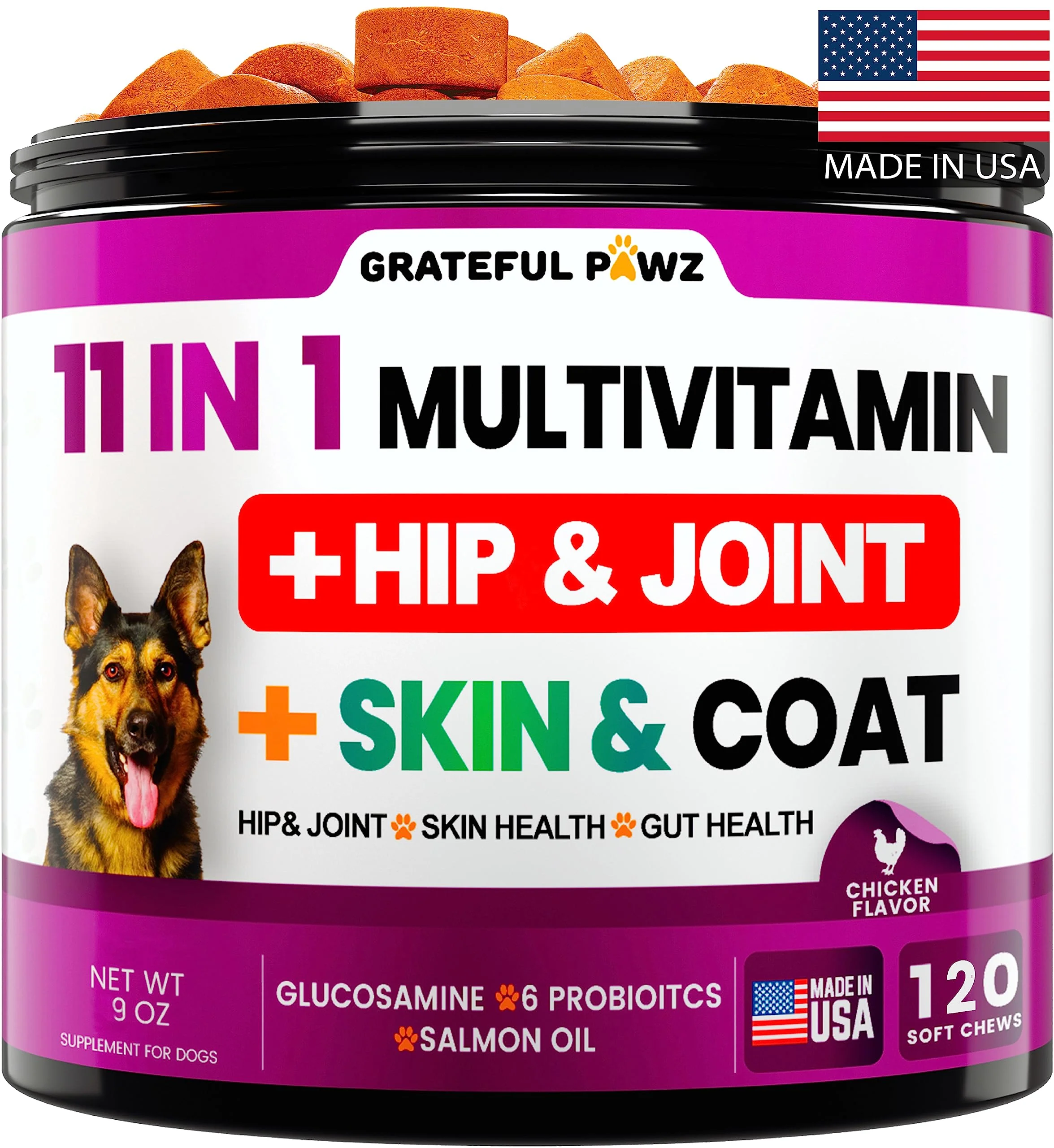 Stylish Grateful Pawz Dog Multivitamin Chewables with Glucosamine Hip Joint Support Skin Health Probiotics Outstanding