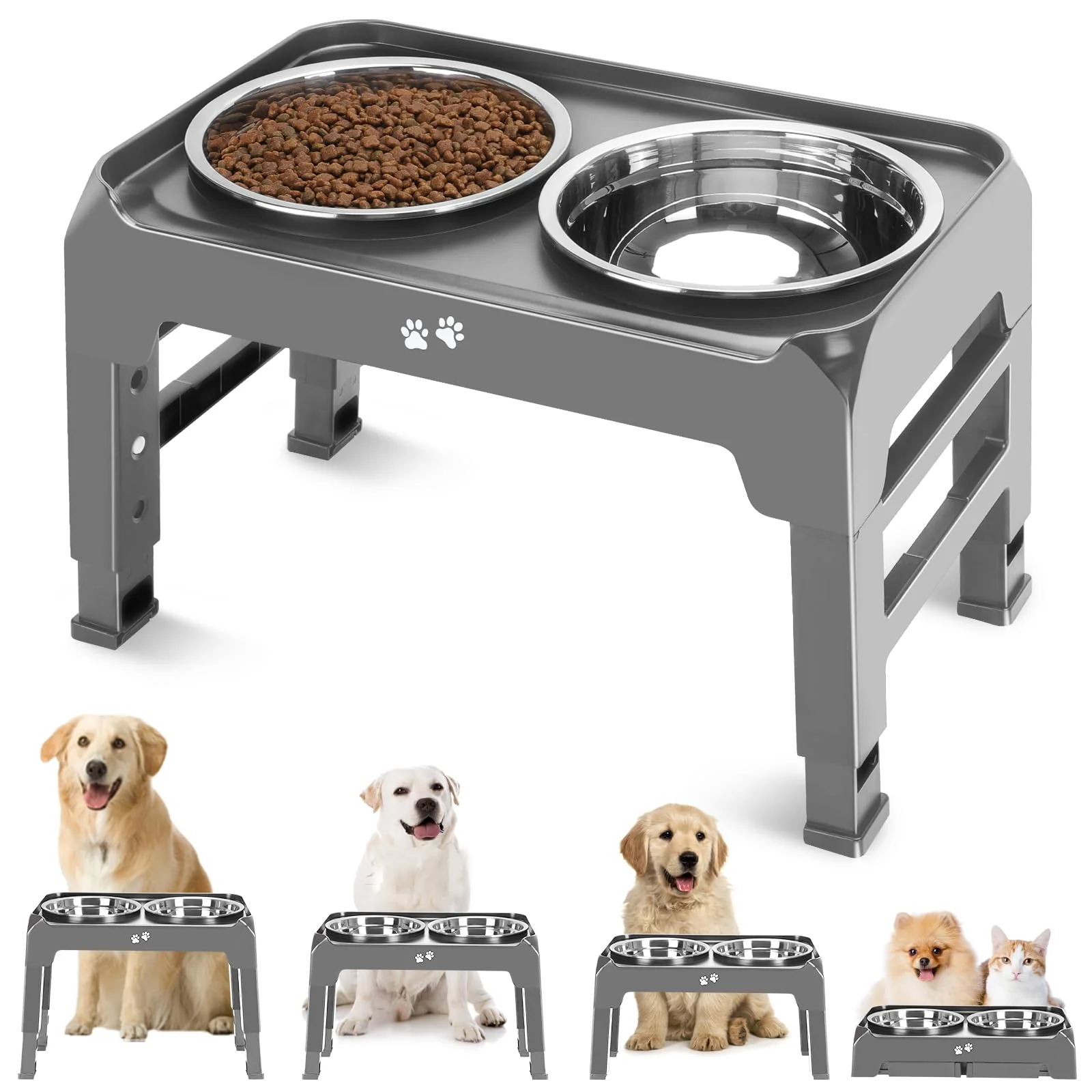 Breathable d Bowls 4 Height Adjustable Raised Stand With 2 Thick 50oz Stainless Steel Food Bowls Non-Slip Feeder for Large Medium Dogs Adjusts to 3.7 9.2 10.75 12.36 Grey Minimalist