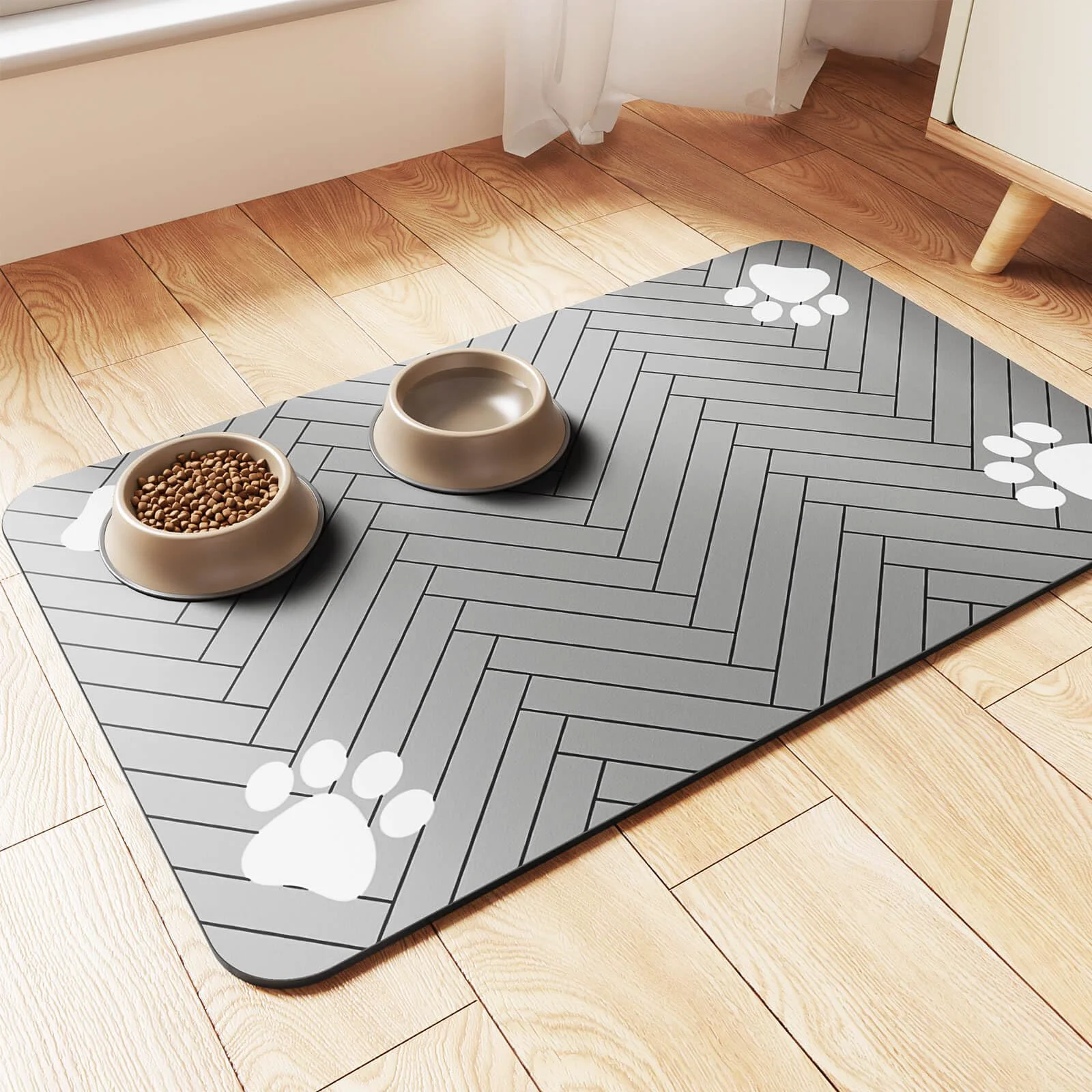 Excellent DK177 Pet Feeding Mat – Absorbent Waterproof Backing for Dogs Cats 27×17 Striped Light Gray Safe