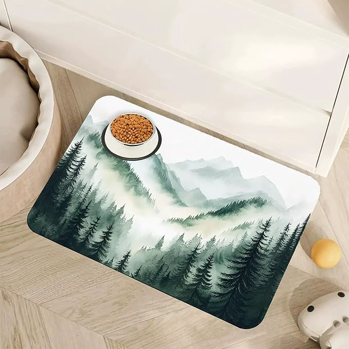 Relaxed Misty Forest Mountain Dog Food Mat Detailed