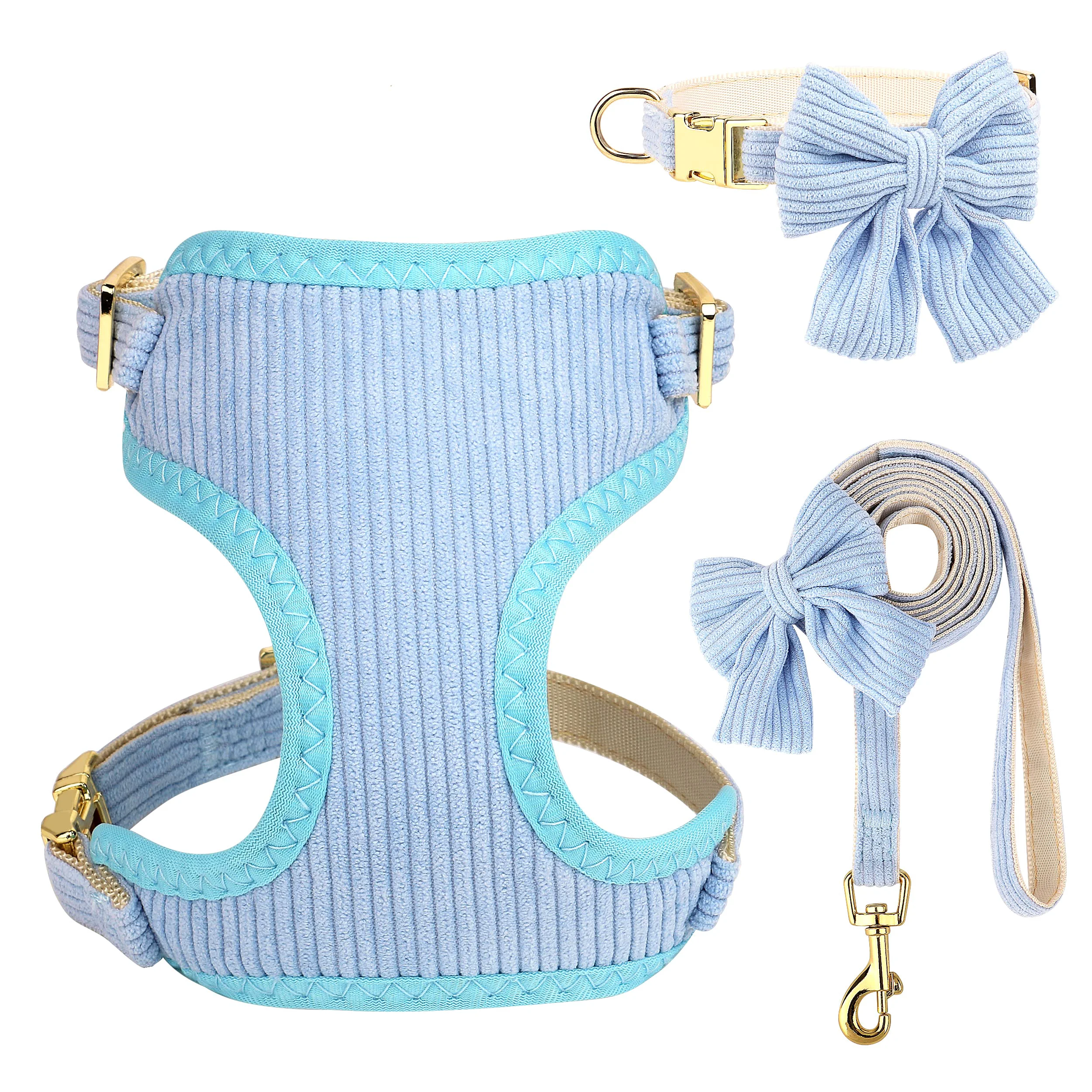 Fashionable Didog Cute Small Dog Harness Set with Bowtie – Breathable Mesh Blue Size M Outstanding