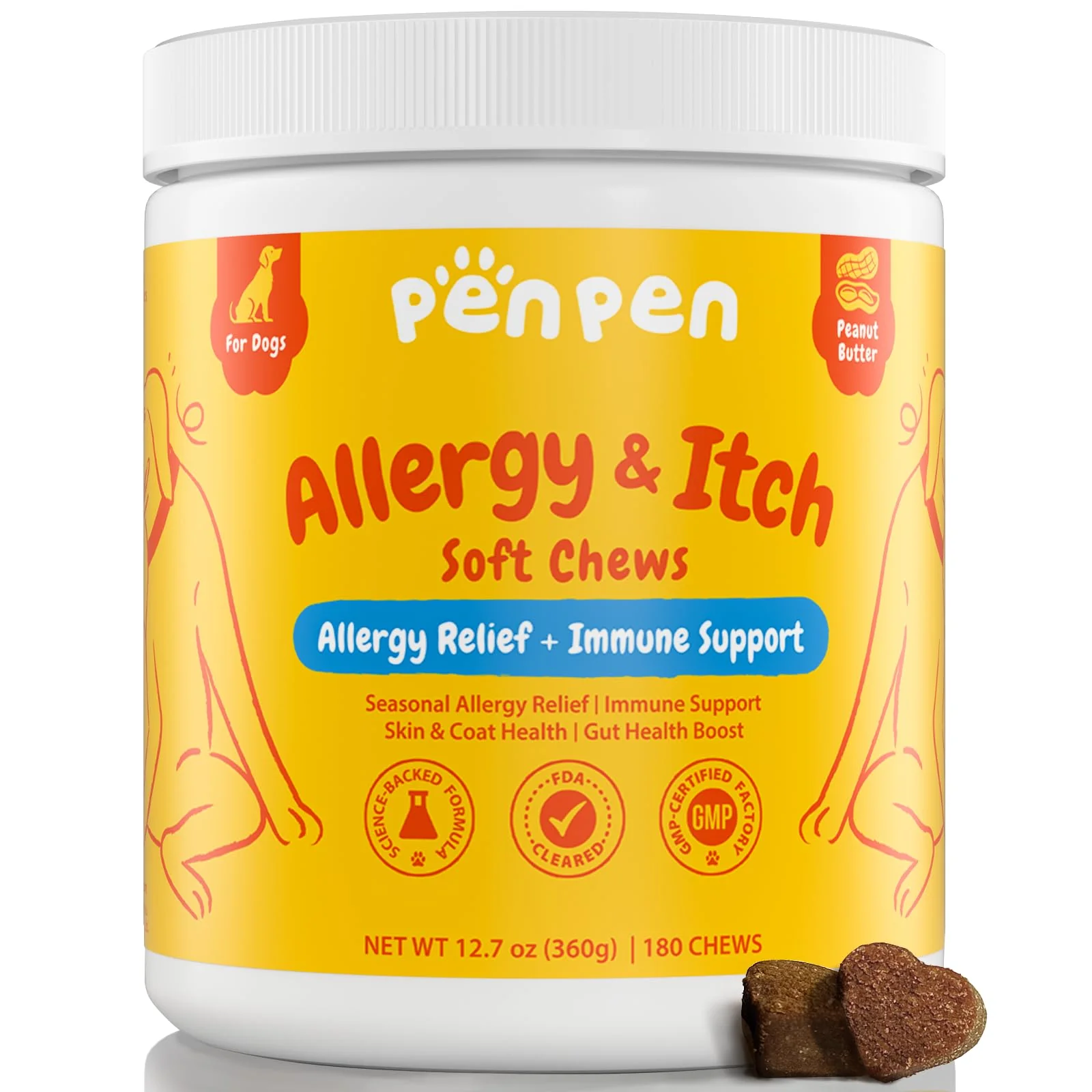 Modern PENPENPET Dog Allergy Relief Chews – Peanut Butter Omega-3 Probiotics 180 ct Safe