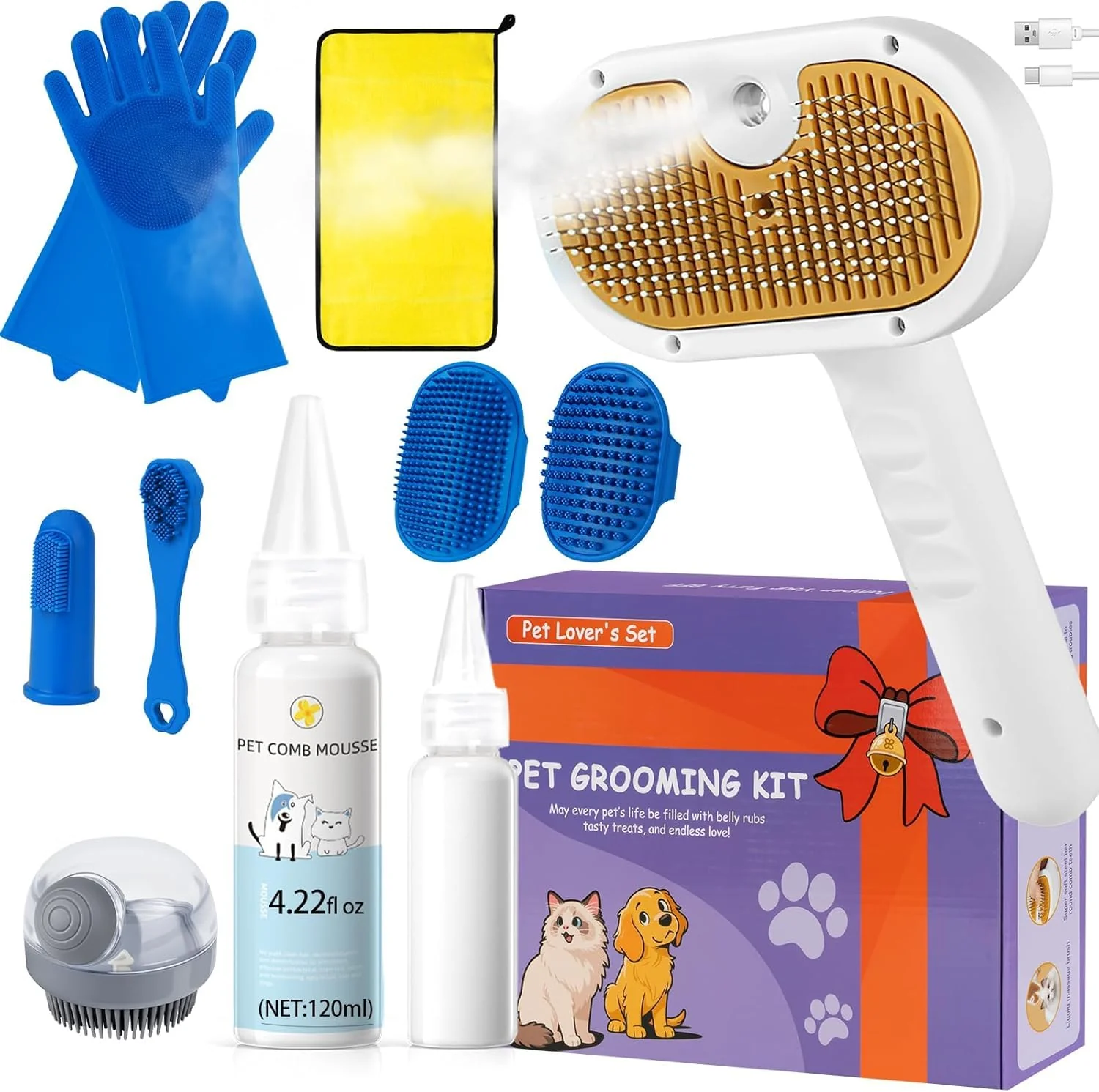 Casual LetsFeed Pet Steam Brush Set for Dogs Cats — 11-Piece Grooming Kit with Waterless Shampoo 3-in-1 Spray Comb Proven