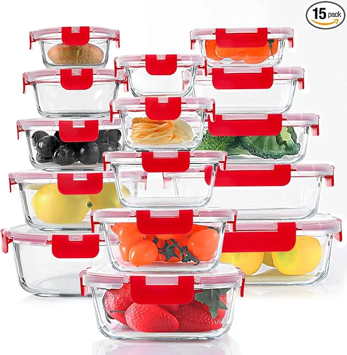 Lightweight KOMUEE 30 Pieces Glass Food Storage Containers Set Meal Prep Containers Set with Snap Locking Lids Airtight Glass Lunch Containers Microwave Oven zer Dishwasher RedAbout ThisOverview Efficient