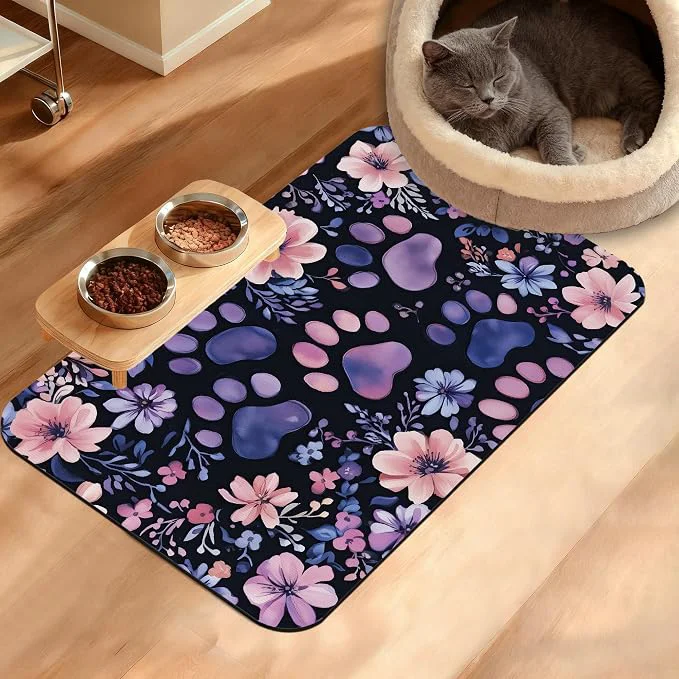 Carefully Designed Paw Print Dog Food Mat Watercolor Flower Absorbent Pet Feeding Mat Efficient