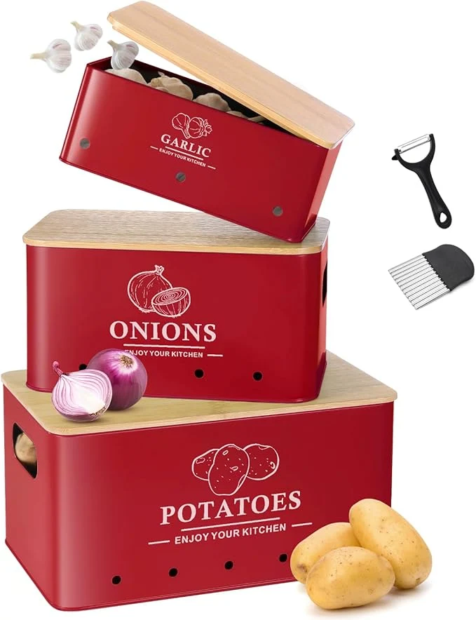 Luxury Kitchen Vegetable Storage Set of 3 Metal Onion Garlic Potato Storage Set Kitchen Canisters Vegetable Keeper Containers with Aerating Holes and Wooden Lid Red About ThisOverview Advanced