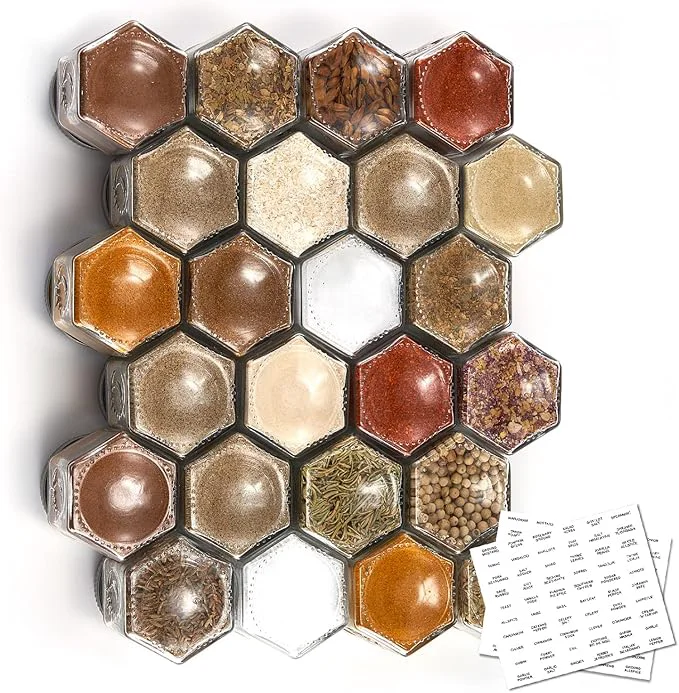 Superior Homazing Set of 24 Hexagon Glass Spice Jars with Shaker Lids and Labels for Refrigerator Kitchen RV Travel Trailer Magnetic ContainersAbout ThisOverview Powerful