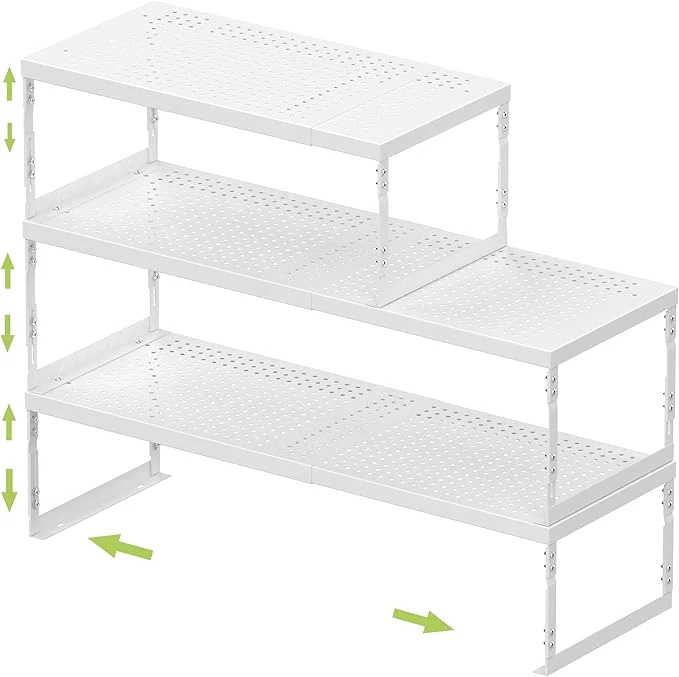 Sustainable Adjustable Stackable Metal Storage Shelf Organizer – Expandable Wire Rack with Perforations for Kitchen Pantry Bathroom Cabinet Office-Compact Durable Sturdy 3PACKS Large White About ThisOverview Quality