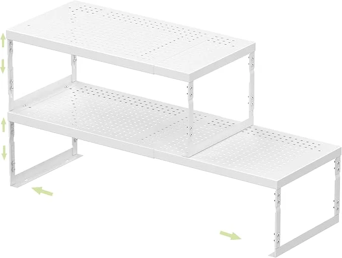 Efficient Adjustable Stackable Metal Storage Shelf Organizer – Expandable Wire Rack with Perforations for Kitchen Pantry Bathroom Cabinet Office-Compact Durable Sturdy 2PACKS Large White About ThisOverview Responsible
