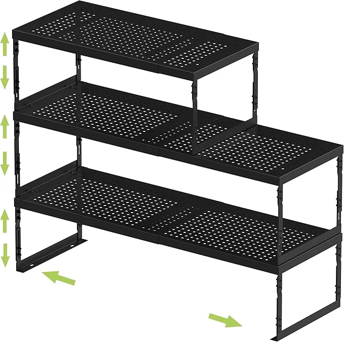 Sustainable Adjustable Stackable Metal Storage Shelf Organizer – Expandable Wire Rack with Perforations for Kitchen Pantry Bathroom Cabinet Office-Compact Durable Sturdy 3PACKS Large Black About ThisOverview Easy-to-Use