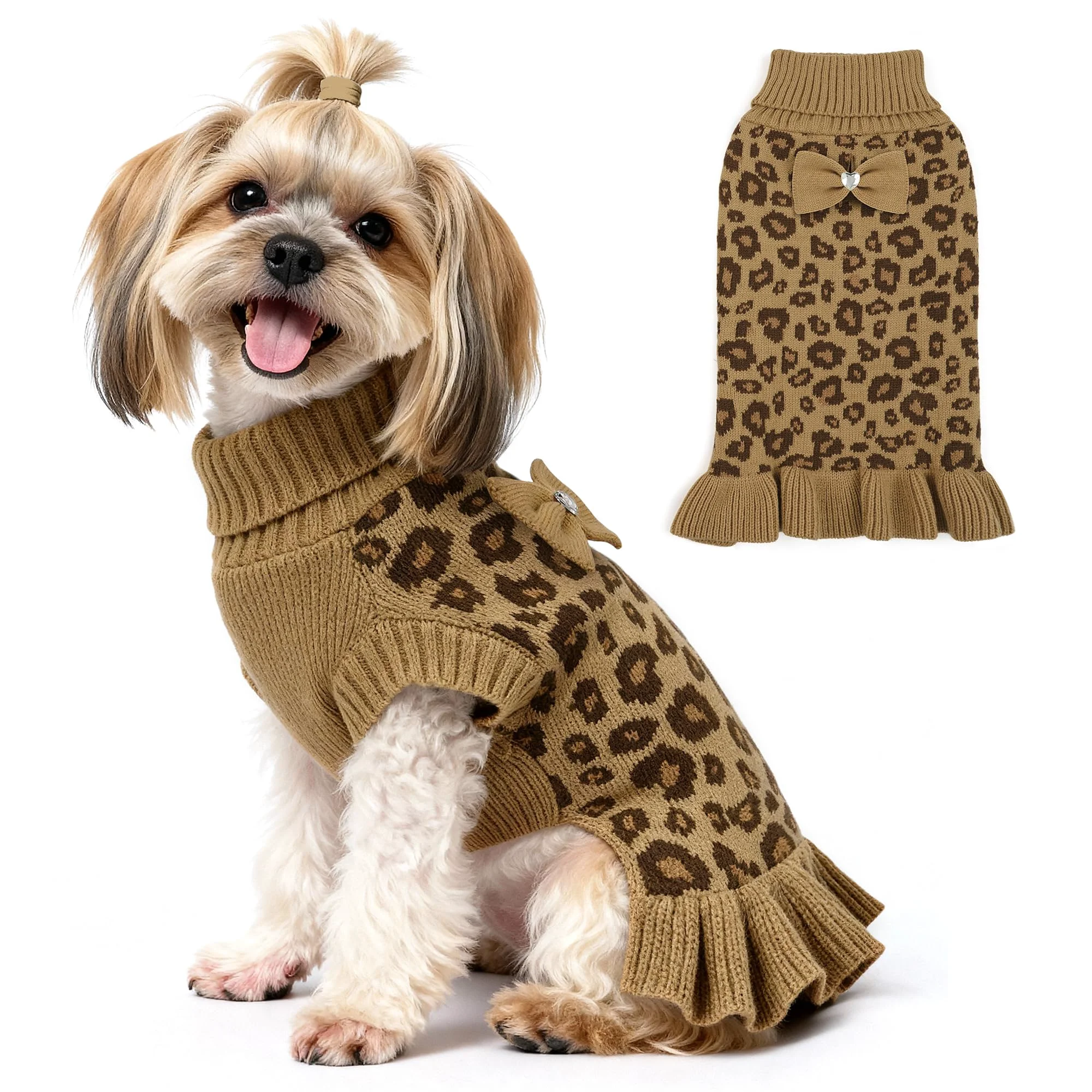 Contemporary WOYYHO Dog Sweater Dress for Small Dogs – Leopard Knit with Bowtie Leash Hole Khaki M Exceptional